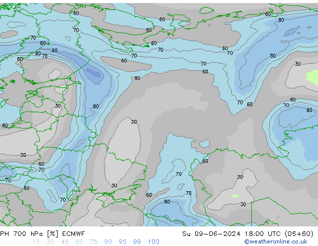 RH 700 hPa ECMWF nie. 09.06.2024 18 UTC