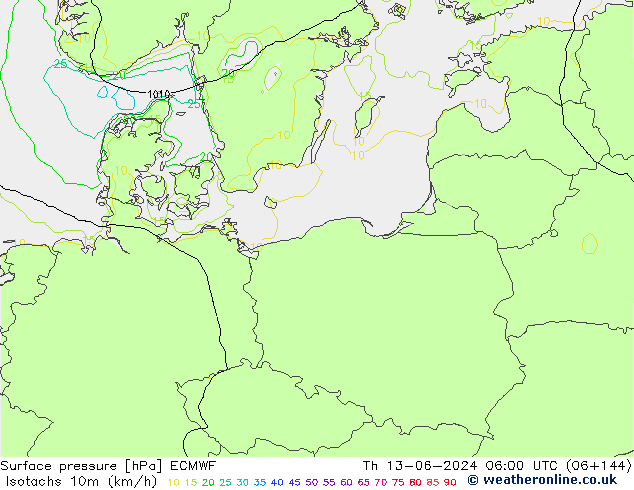 Isotachen (km/h) ECMWF do 13.06.2024 06 UTC