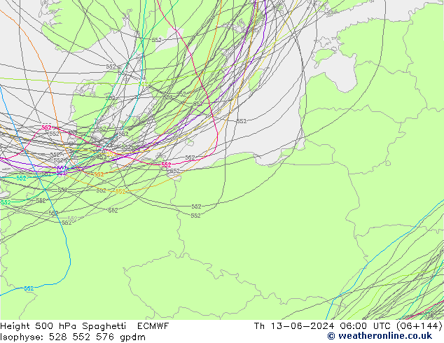 Height 500 hPa Spaghetti ECMWF Qui 13.06.2024 06 UTC