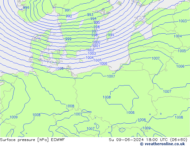 Atmosférický tlak ECMWF Ne 09.06.2024 18 UTC