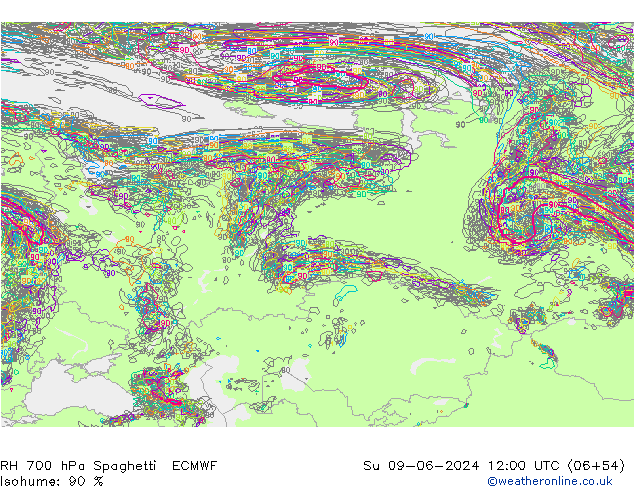 Humedad rel. 700hPa Spaghetti ECMWF dom 09.06.2024 12 UTC