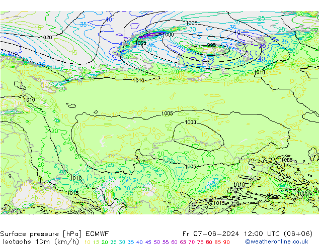 Isotachs (kph) ECMWF пт 07.06.2024 12 UTC