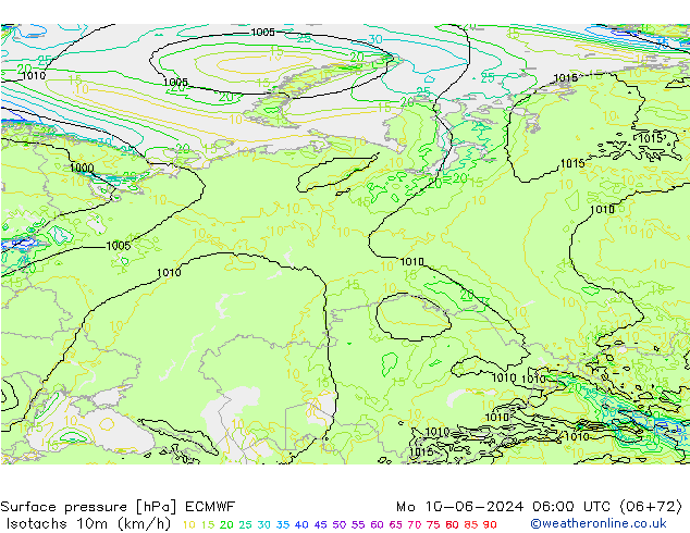 Isotachs (kph) ECMWF пн 10.06.2024 06 UTC