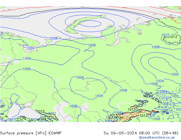 Atmosférický tlak ECMWF Ne 09.06.2024 06 UTC