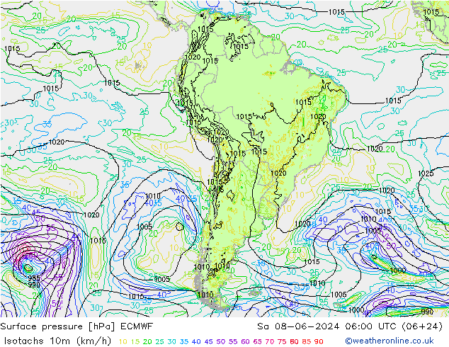 Izotacha (km/godz) ECMWF so. 08.06.2024 06 UTC