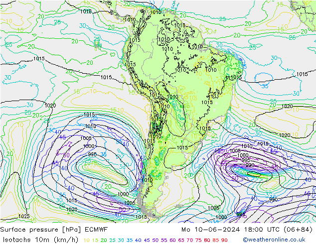 Isotachs (kph) ECMWF Mo 10.06.2024 18 UTC