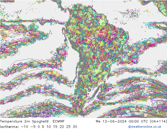 Temperatura 2m Spaghetti ECMWF mié 12.06.2024 00 UTC