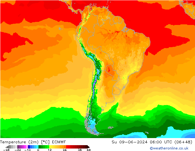 Temperature (2m) ECMWF Su 09.06.2024 06 UTC