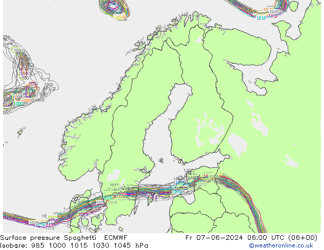 地面气压 Spaghetti ECMWF 星期五 07.06.2024 06 UTC