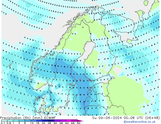 Precipitation (6h) ECMWF Ne 09.06.2024 06 UTC