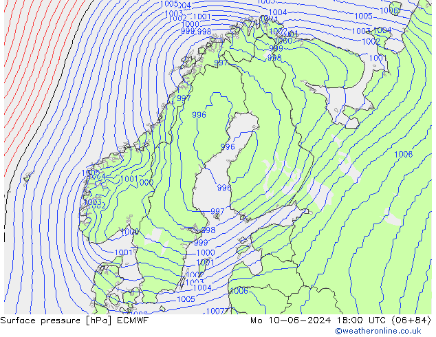 Surface pressure ECMWF Mo 10.06.2024 18 UTC