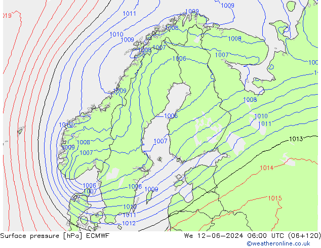 Surface pressure ECMWF We 12.06.2024 06 UTC