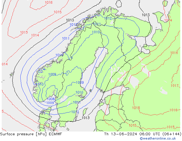 Pressione al suolo ECMWF gio 13.06.2024 06 UTC