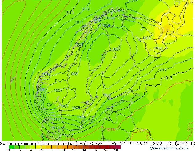 Luchtdruk op zeeniveau Spread ECMWF wo 12.06.2024 12 UTC