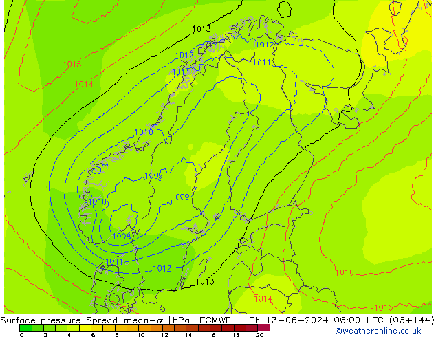 Surface pressure Spread ECMWF Th 13.06.2024 06 UTC