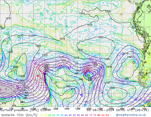 Izotacha (km/godz) ECMWF so. 08.06.2024 06 UTC