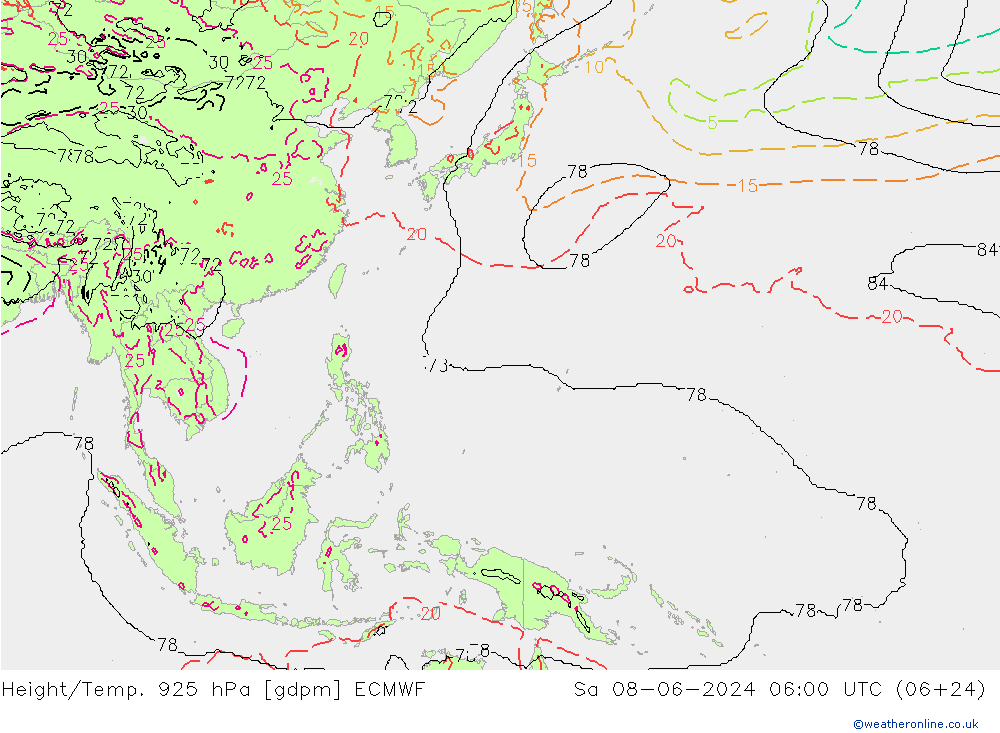 Height/Temp. 925 hPa ECMWF Sa 08.06.2024 06 UTC