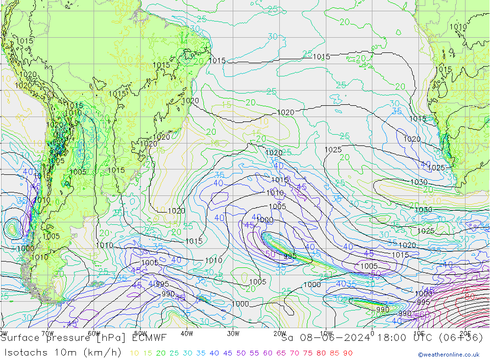 Izotacha (km/godz) ECMWF so. 08.06.2024 18 UTC