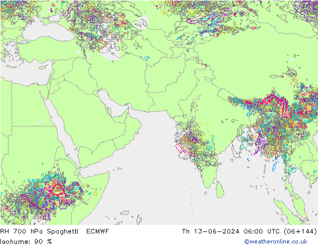 RH 700 hPa Spaghetti ECMWF Qui 13.06.2024 06 UTC