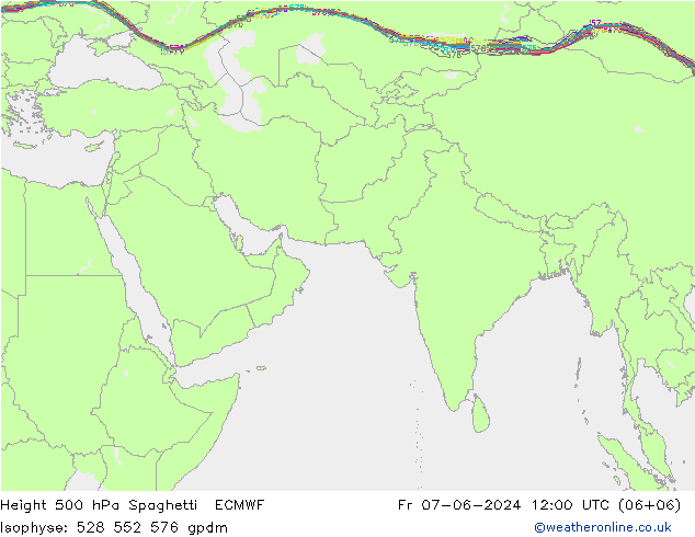 Height 500 hPa Spaghetti ECMWF 星期五 07.06.2024 12 UTC