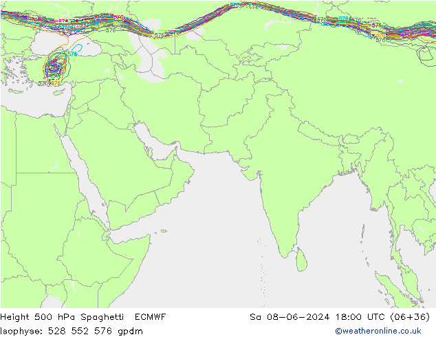 Hoogte 500 hPa Spaghetti ECMWF za 08.06.2024 18 UTC