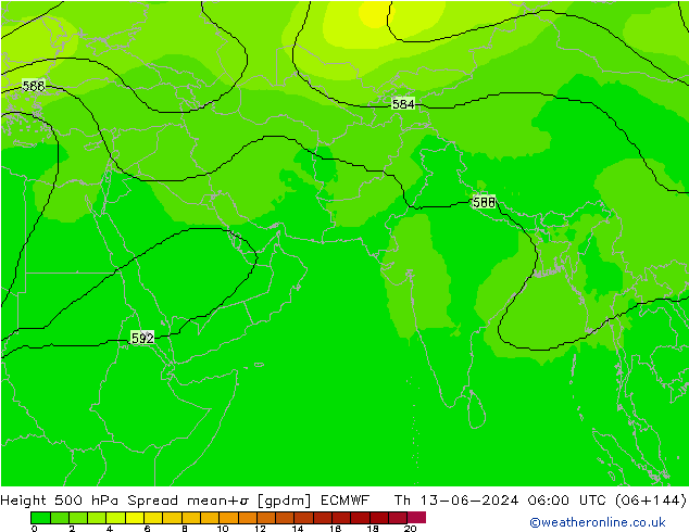 Height 500 гПа Spread ECMWF чт 13.06.2024 06 UTC