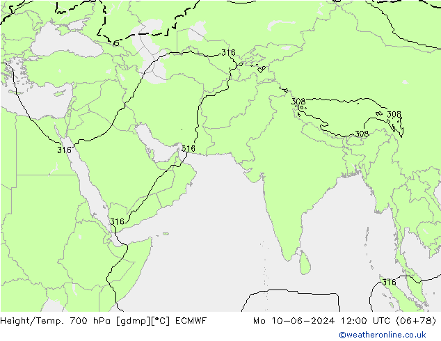 Height/Temp. 700 hPa ECMWF pon. 10.06.2024 12 UTC