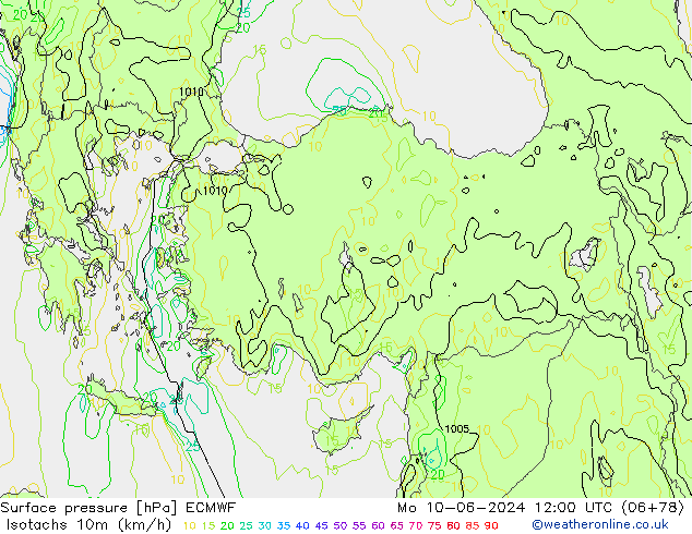 Isotachen (km/h) ECMWF ma 10.06.2024 12 UTC