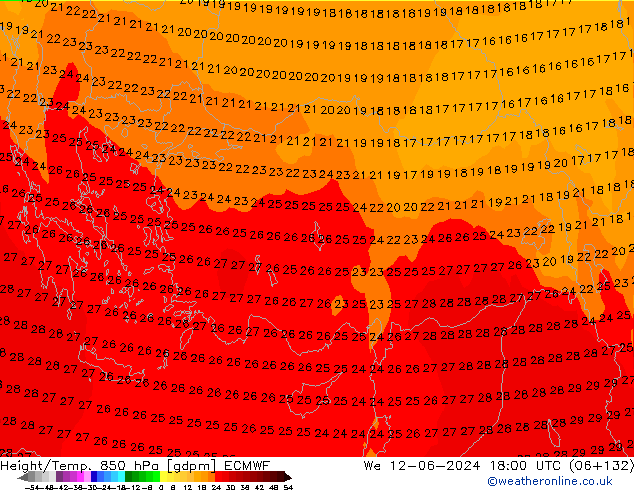 Hoogte/Temp. 850 hPa ECMWF wo 12.06.2024 18 UTC