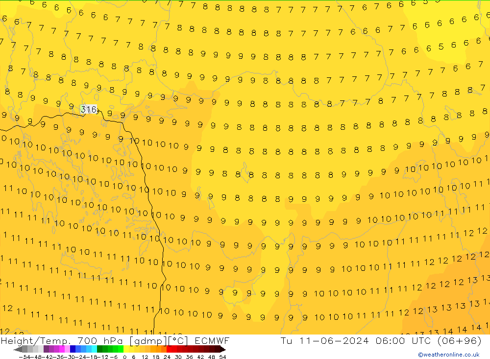 Height/Temp. 700 hPa ECMWF Tu 11.06.2024 06 UTC