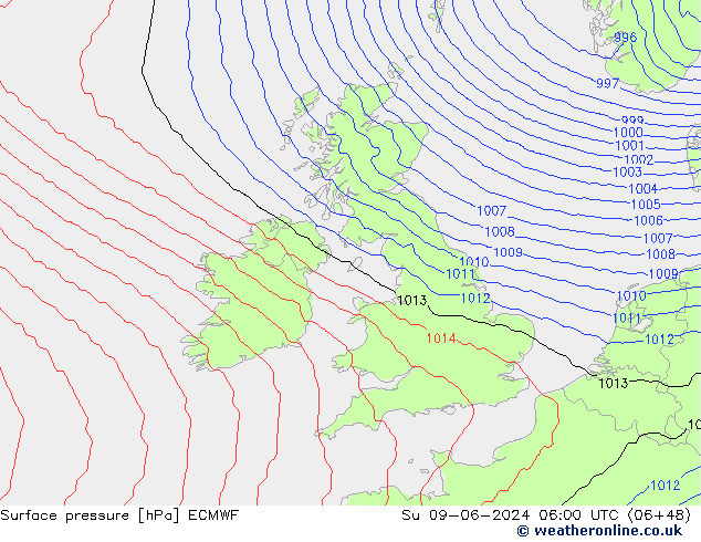 Atmosférický tlak ECMWF Ne 09.06.2024 06 UTC