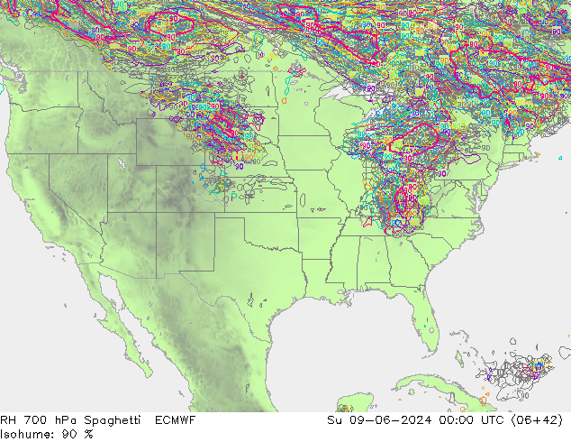 RH 700 hPa Spaghetti ECMWF  09.06.2024 00 UTC