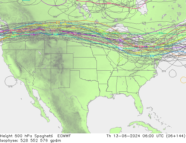 Height 500 hPa Spaghetti ECMWF czw. 13.06.2024 06 UTC