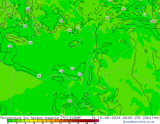 Temperature 2m Spread ECMWF Th 13.06.2024 06 UTC