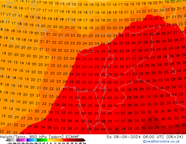 Height/Temp. 850 hPa ECMWF So 08.06.2024 06 UTC