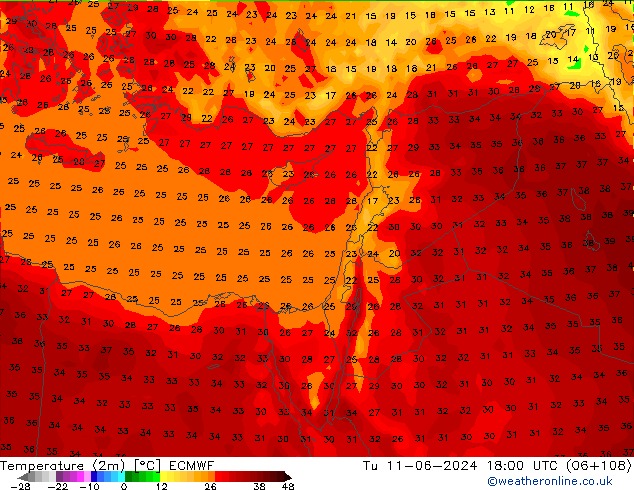 Temperatura (2m) ECMWF mar 11.06.2024 18 UTC