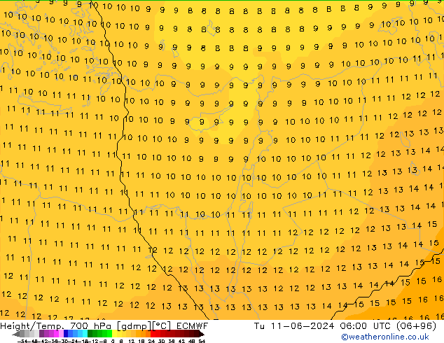 Géop./Temp. 700 hPa ECMWF mar 11.06.2024 06 UTC