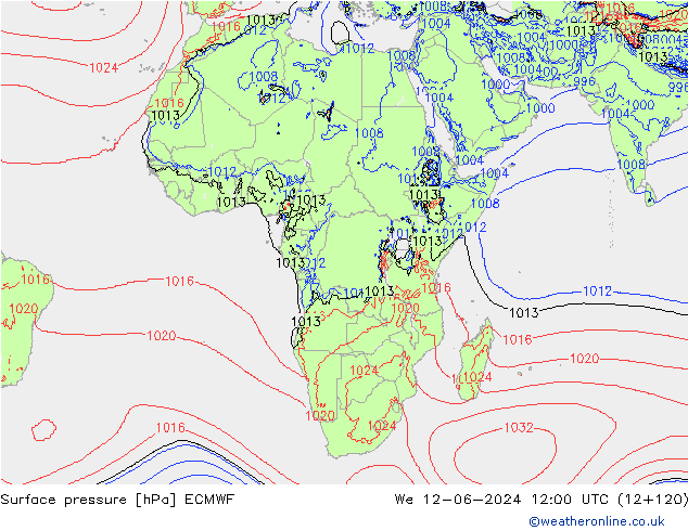 Presión superficial ECMWF mié 12.06.2024 12 UTC