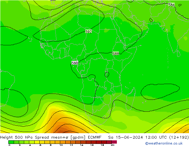 Height 500 hPa Spread ECMWF Sáb 15.06.2024 12 UTC