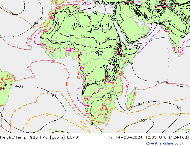 Yükseklik/Sıc. 925 hPa ECMWF Cu 14.06.2024 12 UTC