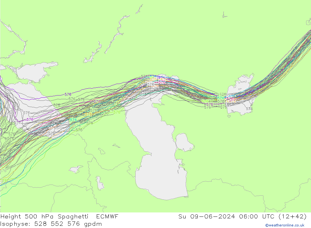 Height 500 hPa Spaghetti ECMWF Dom 09.06.2024 06 UTC