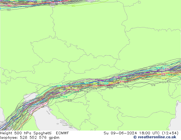 Height 500 hPa Spaghetti ECMWF So 09.06.2024 18 UTC