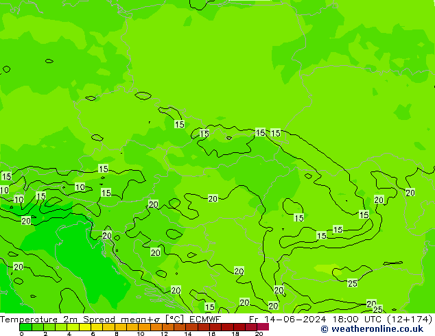 Temperature 2m Spread ECMWF Pá 14.06.2024 18 UTC