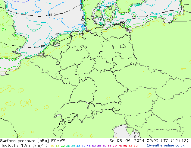 Isotachen (km/h) ECMWF Sa 08.06.2024 00 UTC