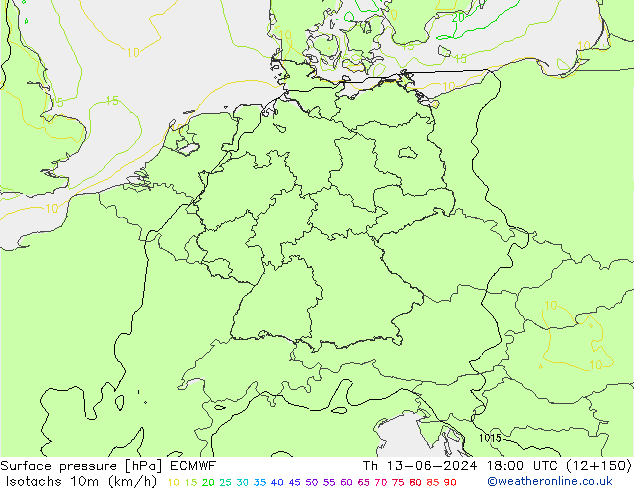 Isotachs (kph) ECMWF чт 13.06.2024 18 UTC