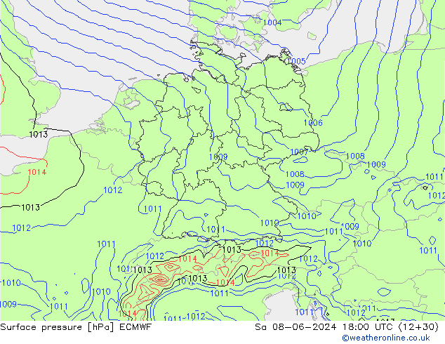 Surface pressure ECMWF Sa 08.06.2024 18 UTC