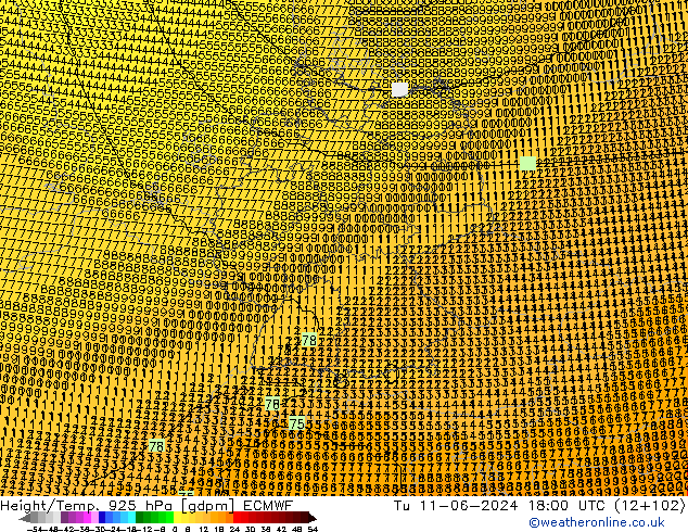 Height/Temp. 925 hPa ECMWF Út 11.06.2024 18 UTC