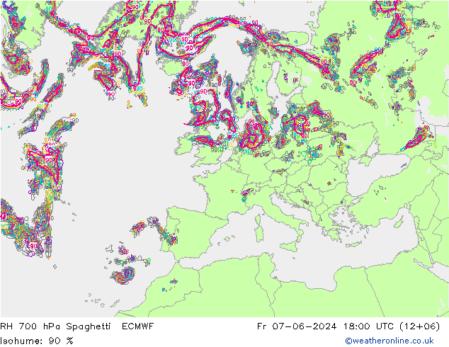 Humedad rel. 700hPa Spaghetti ECMWF vie 07.06.2024 18 UTC