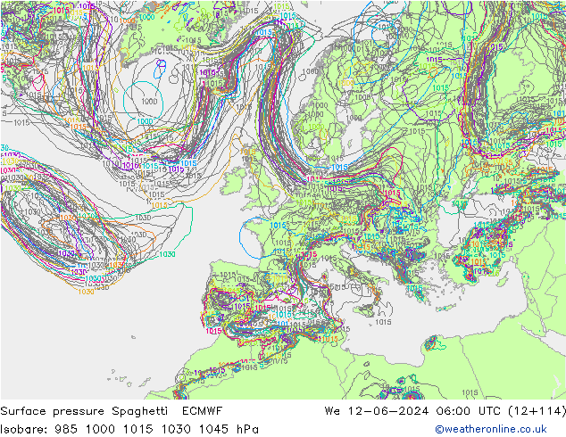 Bodendruck Spaghetti ECMWF Mi 12.06.2024 06 UTC