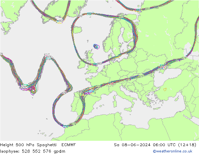 Height 500 hPa Spaghetti ECMWF Sa 08.06.2024 06 UTC